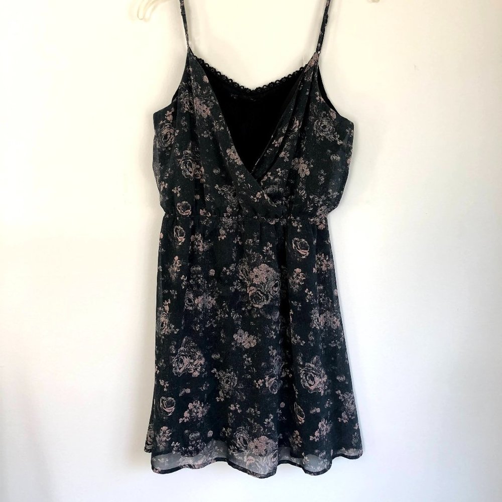 Navy Blue Floral Dress with Lace Inset